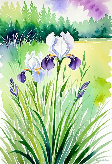 white and purple iris flowers, grasses in the background, light green leaves, loose brushstrokes, colorful watercolor, white bac...