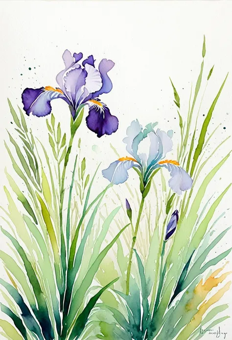 white and purple iris flowers, grasses in the background, light green leaves, loose brushstrokes, colorful watercolor, white bac...