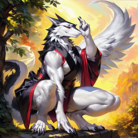 A solo sergal squatting in a all black long japanese kimono in a angelic style (very elegant) ((male)) (muscles)((black and white)) ((male) (anthro) ([sergal])), hi res, photorealism, soft shading, (detailed fur: 1.1), happy looking, (legs), (solo: 1.1), )...