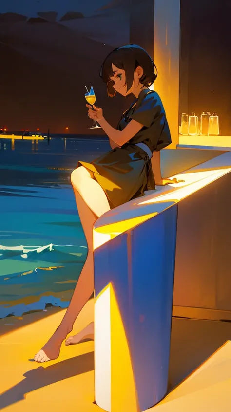 a girl against the background of the sea sits at the bar and holds a cocktail, against the background there is my beautiful light and shadow, work in yellow, blue and brown shades