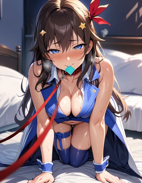 SoraBase, long hair, star hair ornament, hair ribbon, blue eyes, blue vest, sleeveless shirt, red ribbon, navel, wrist cuffs, blue skirt, blue thighhighs, thigh ribbon, waist cape,aged up,milf,,,(masterpiece),(best quality),(ultra-detailed),(best illustrat...