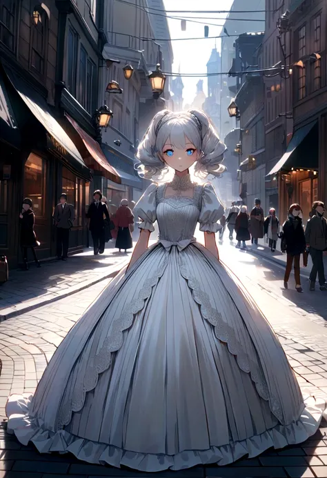 White Hair，Double ponytail curl，Blue Eye Color，White Lolita，Beth，Bustling city streets