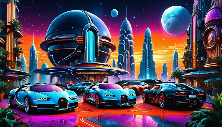 lots of lighting in imposing skyscrapers with neon lights and holographic advertisements, flying cars (((brand bugatti))) and sp...