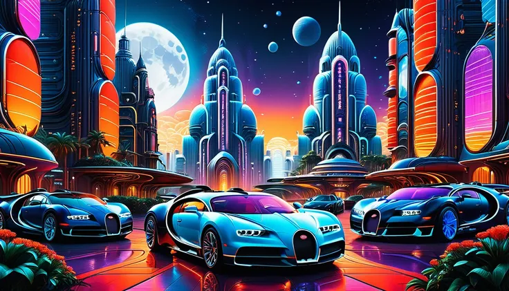 lots of lighting in imposing skyscrapers with neon lights and holographic advertisements, flying cars (((brand bugatti))) and sp...