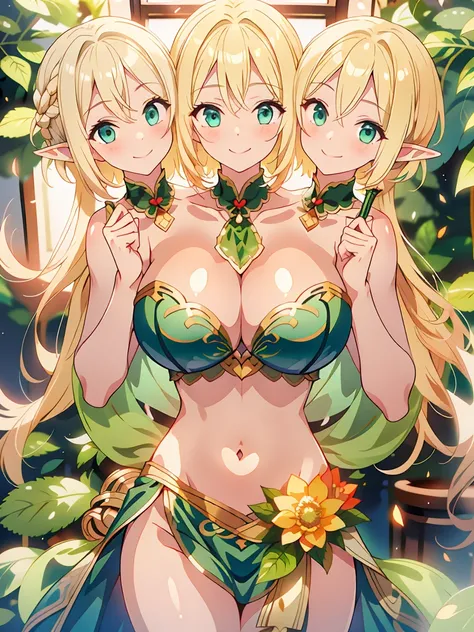 (masterpiece, best quality), best resolution, (3heads:1.5), 1girl, blond hair, green eyes, elf, smile, huge chest, androgynous, open belly, midriff, 