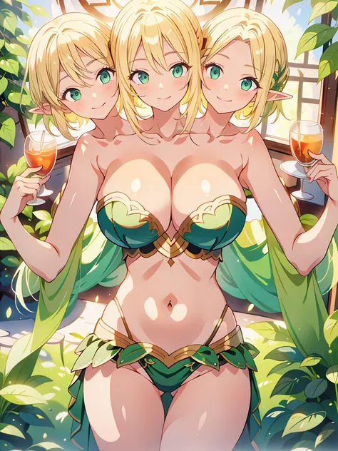 (masterpiece, best quality), best resolution, (3heads:1.5), 1girl, blond hair, green eyes, elf, smile, huge chest, androgynous, open belly, midriff, 