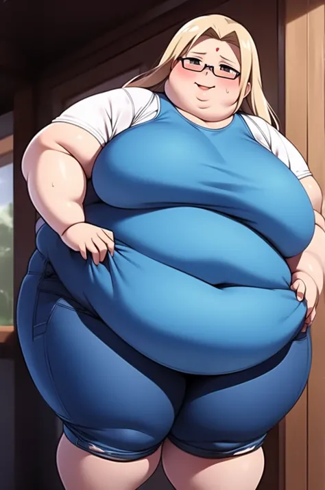 Anime Women, Lady、Forehead、、Glasses、Brown eyes、Are fat、Chubby、Sensual、obesity、Double chin、cheek、Fatty neck、Big Breasts、Thick upper arms、Denim jumpsuit、jumper、Sweat、blush