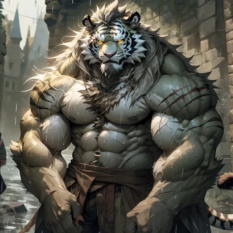 sweaty muscular torso naked raining medieval huge castle fortress hairy anthropomorphic chest hair serious face（scars in the face） Mature （Golden Eyes）Huge muscle ripped abs wild，Tribal Ambition White Tiger