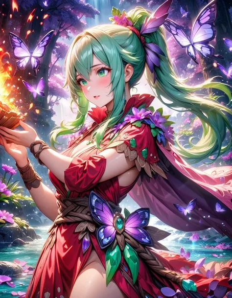 absurdres, highres, ultra detailed, HDR, master piece, best quality, Tiki, light-green long hair, tied in a ponytail, expressive green eyes, fire emblem awakening, solo, woman, beautiful, red dress, pink cape, fantasy, shining, water, purple flowers, purpl...