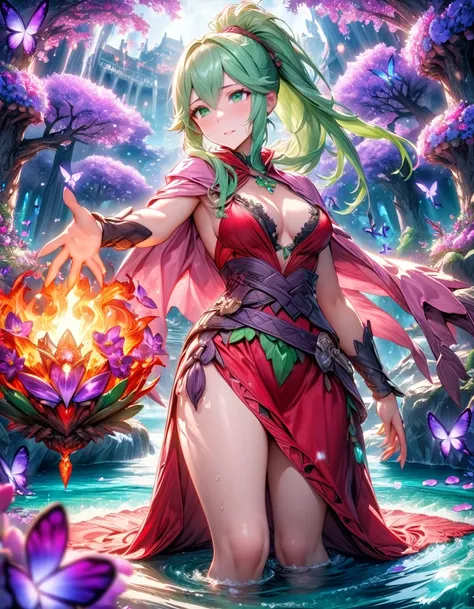 absurdres, highres, ultra detailed, HDR, master piece, best quality, Tiki, light-green long hair, tied in a ponytail, expressive green eyes, fire emblem awakening, solo, woman, beautiful, red dress, pink cape, fantasy, shining, water, purple flowers, purpl...