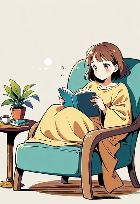 illustration of Pikachu relaxing in a cozy chair while reading a book. Pikachu should be sitting comfortably with a book open on its lap. Include a warm, inviting background with a small table holding a cup of tea and a soft blanket draped over the chair. ...