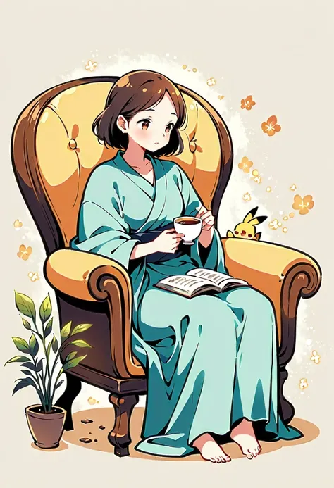 illustration of Pikachu relaxing in a cozy chair while reading a book. Pikachu should be sitting comfortably with a book open on its lap. Include a warm, inviting background with a small table holding a cup of tea and a soft blanket draped over the chair. ...