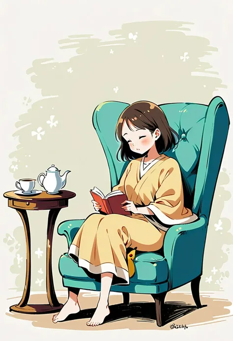 illustration of Pikachu relaxing in a cozy chair while reading a book. Pikachu should be sitting comfortably with a book open on its lap. Include a warm, inviting background with a small table holding a cup of tea and a soft blanket draped over the chair. ...