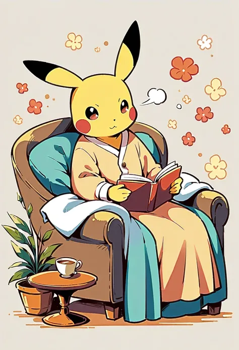 illustration of Pikachu relaxing in a cozy chair while reading a book. Pikachu should be sitting comfortably with a book open on its lap. Include a warm, inviting background with a small table holding a cup of tea and a soft blanket draped over the chair. ...