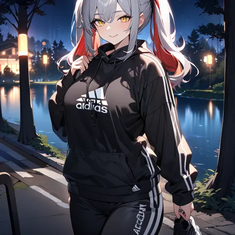 A woman wearing a black adidas sweatshirt, black adidas track pants, sports shoes, silver hair, pigtails, red bangs, multi-colored hair,a red fringe on the front of the hair, yellow eyes, smiling, big breasts walking on a sidewalk in a forest park at night...