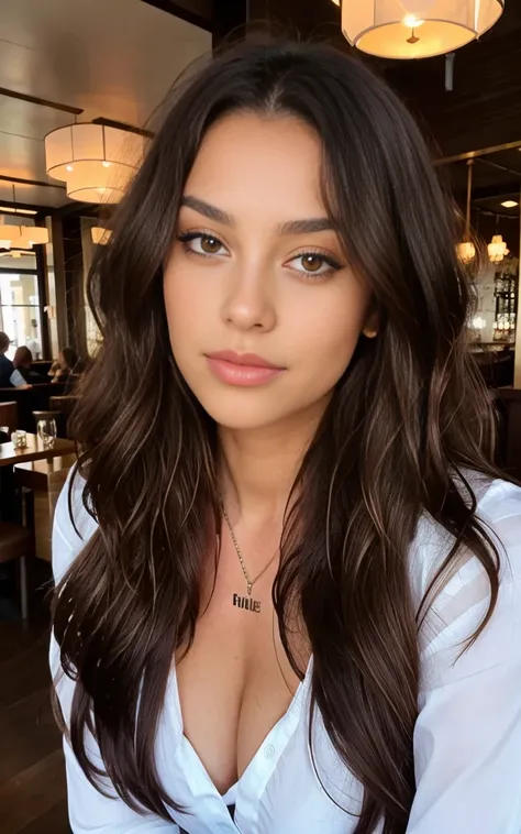 1 woman, Long wavy hair, dark brown eyes, vêtement de luxe  dans un restaurant de luxe