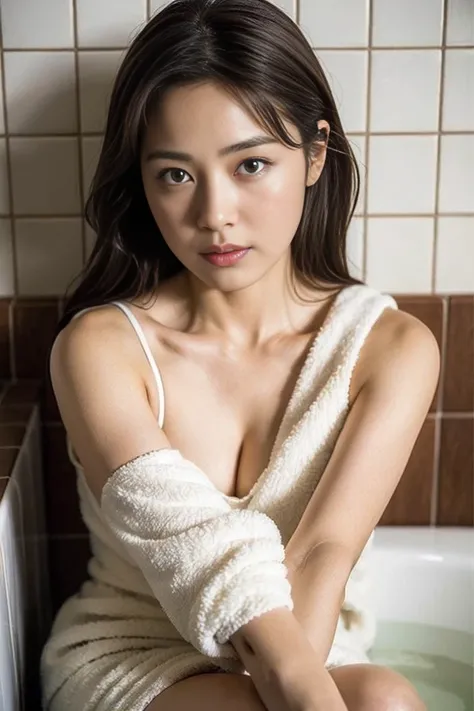 Dark brown hair、Light brown eyes、Japanese actress、 Lady、I am about 40 years old.、masterpiece、Highest quality、cinema、(Cute Japanese Woman:1.3)、1 Girl、elegant、warm、Wipe your head with a towel、Sit in the bath