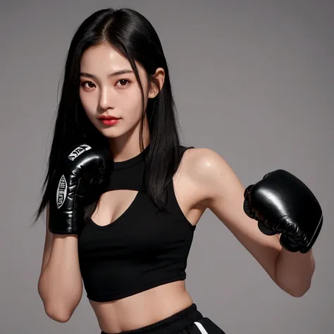 Create a photo of a woman, long, straight black hair, brown eyes, dark skin, she is 20 years old, a boxer, she is wearing a black boxing glove, a black top, black shorts, she is wearing a ring, her body is sweaty, she has a provocative look, a sensual smil...