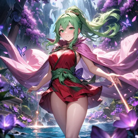 absurdres, highres, ultra detailed, HDR, master piece, best quality, Tiki, light-green long hair, tied in a ponytail, expressive green eyes, fire emblem awakening, solo, woman, beautiful, red dress, pink cape, fantasy, shining, water, purple flowers, purpl...