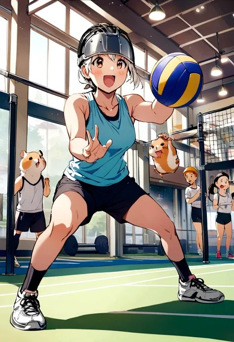 happy hamster, Having a volleyball, Wear a helmet on your head, gym