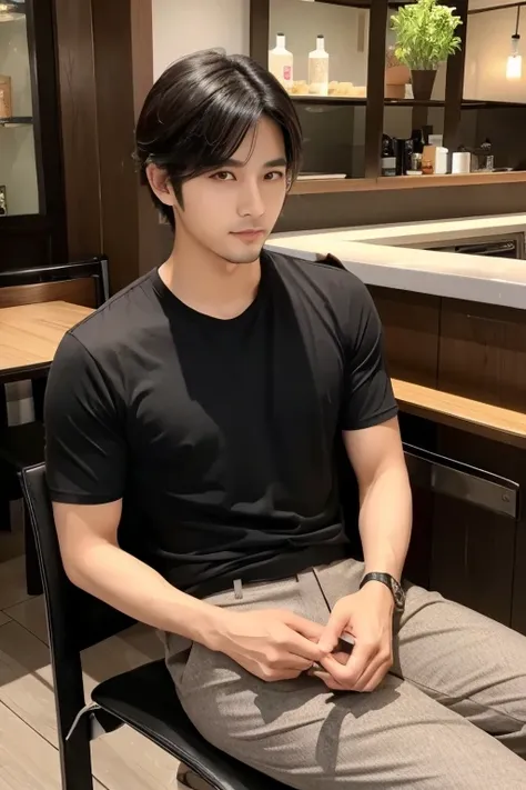 3 dimension、Japanese Male、age 30、Black Hair、idlo face、Brown eyes、short hair、With beard、Skin is slightly tanned、Shirt and pants style、Inside the cafe、Sit on a chair,
High quality, 4K
