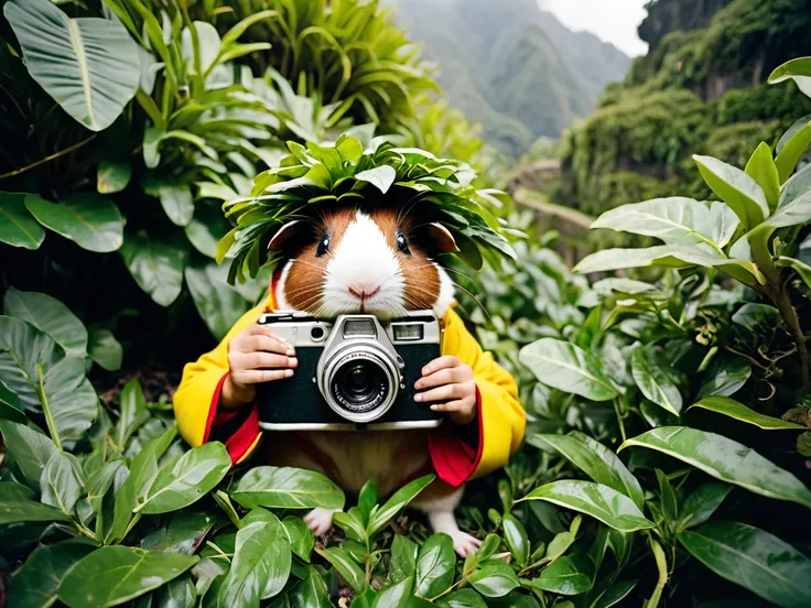 raw photo, masterpiece, A chinese nerd in guinea pig costume hiding in bushes with a old kodak camera at macchu Pichu professional photography