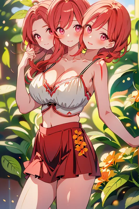 (masterpiece, best quality), best resolution, (2heads:1.5), realisticlying、女の子 1 人、Red-haired, heads side-by-side equally on chest, verd s eyes, radiant eyes, croptop, skinny skirt, Parted lips, red blush, natta, florals, suns, sunlights, huge tits, very b...