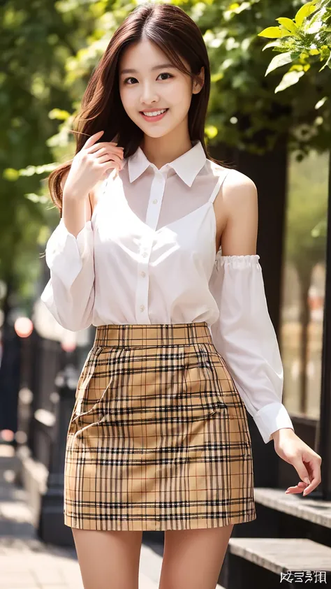 Tartan check micro mini skirt、Burberry style、Oversized shirt、adult、Summer clothes、bra、Low-rise skirt、Summer sunshine、Beautiful pubic bone、Highest quality、Realistic photos、Gravure photoshoot、Professional Lighting、smile、Droopy eyes、Egg-shaped outline