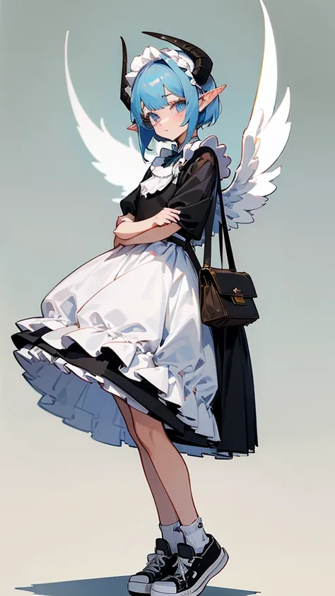 full-length girl, lamb ears and horns, sweater, shorts, Converse sneakers, bag, pretty face, adopt, osAdopt, angel girl, elf ears, long maid dress, lots of bows and ruffles, big wings, short blue hair,