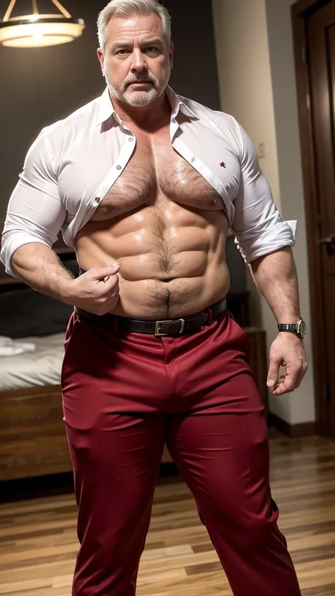 (best quality,4k,8k,highres,masterpiece:1.2), age 60, white man sheriff , horny disgusting, muscular chubby, kind, open red silk shirt , mature daddy, Dress Pants with big bulge, hairy chest hard nipple, belt, loafer,