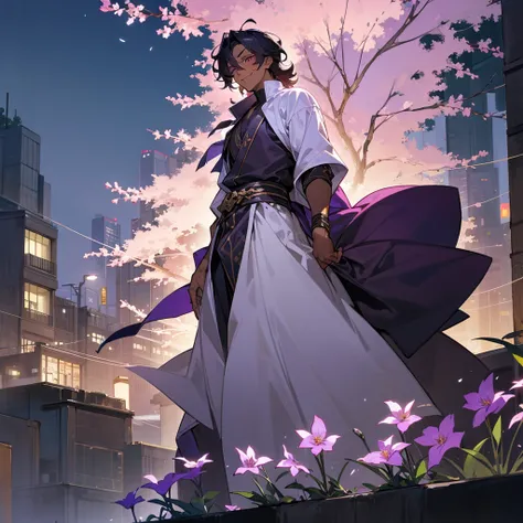 1male, young adult, dark skin, finely detailed plum eyes, wild medium hair, pale lavander hair color, casual clothing, jacket, arm band, standing on building, flowers, night time, excited expression, tokyo streets, muscular 