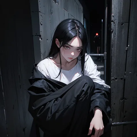 very dark image, demon, injured black bat wings, white eyes, black hair, dark alley of the city, leaning on the walls, seriously injured , midnight , dark