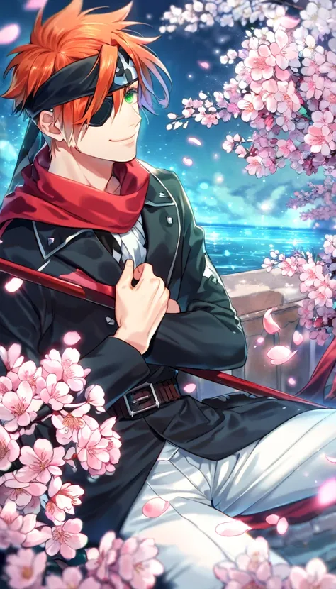 Ultra detailed, Highres, absurdres, HDR, Lavi bookman, orange hair, expressive green eye, black eye patch, D.Gray-man, red scarf, black jacket, black headband, fantasy, handsome, sexy man, solo, very detailed eyes and face, master piece, pink flowers, blos...