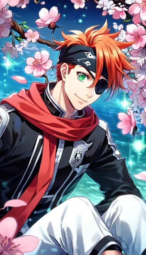 Ultra detailed, Highres, absurdres, HDR, Lavi bookman, orange hair, expressive green eye, black eye patch, D.Gray-man, red scarf, black jacket, black headband, fantasy, handsome, sexy man, solo, very detailed eyes and face, master piece, pink flowers, blos...