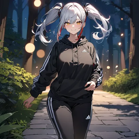 a woman wearing a black adidas sweatshirt, black adidas track pants, sports shoes, silver hair, pigtails, red bangs, multi-color...