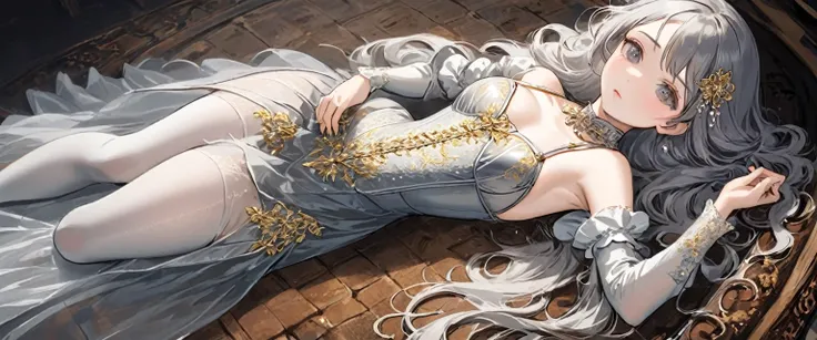 Girls in the Middle Ages、 Gold and silver embroidery、underwear姿、Knee-length semi-transparent drawers（underwear）Wearing、Wearing a semi-transparent corset、 Grey translucent tights、Lying down、White Grey Pearl Medieval Long Dress