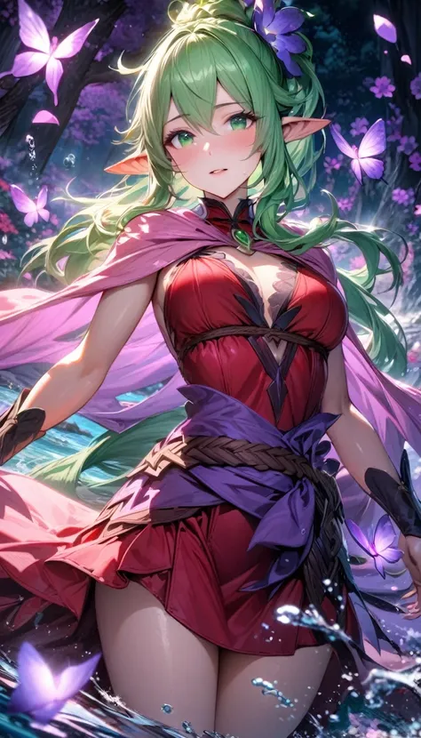 absurdres, highres, ultra detailed, HDR, master piece, best quality, Tiki, light-green long hair, tied in a ponytail, expressive green eyes, fire emblem awakening, solo, woman, beautiful, slightly pointed ears, red dress, pink cape, fantasy, shining, water...