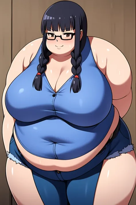 Anime Women, Lady、Black Hair, Forehead、Hair tied up、Long braids down to the waist、Glasses、Brown eyes、Are fat、Chubby、Voluptuous、obesity、Double chin、Cheek、Fat-covered neck、Big Breasts、Thick upper arms、tall、Denim jumpsuit、Sweat、blush