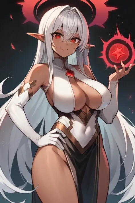 (masterpiece, best quality),dark elf,((dark skin)),long hair（silver hair）,large breasts（slender body）,((put one hand on hips)),hairs between eyes, crossed bangs,ruby red eyes,small eyes,white  Leather light clothing,evil smile,battle aura,magic spell