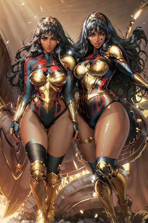 Anime sexy wonder woman, Yara Flor, (Dark-skinned female), black hair, long hair, tiara, leotard, armor, mole under eye, gold boots,