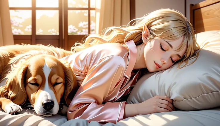 Japanese animation style, digital illustration of an adult elf woman sleeping face down on a large bed, she is wearing elegant silk pajamas, relaxed expression, long loosely wavy blonde hair, sleeping with her pet dog, the dog is curled up on her and sleep...