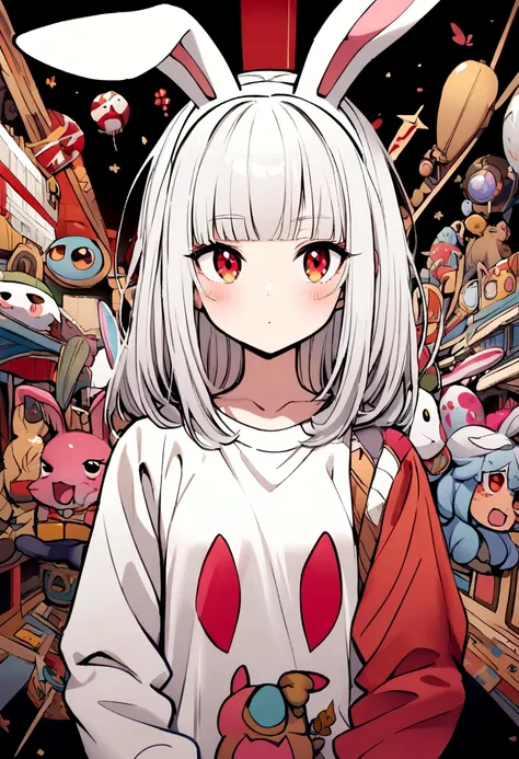 Girl with bunny ears white hair with bangs wearing sweatshirt half body Cartoon Red eyes