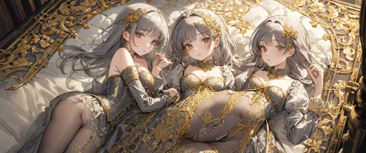 Girls in the Middle Ages、 Gold and silver embroidery、In underwear、Knee-length semi-transparent bloomers（With gold and silver lace）Wearing、Wearing a semi-transparent corset、 Grey translucent tights、Lying down