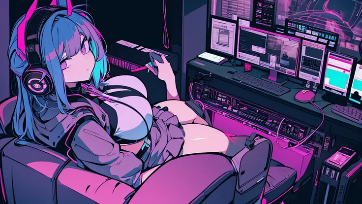 Best quality, (masterpiece:1.2), best detail face,1 girl, big breasts, 18 yo, 8k,absurdres,unity 8k wall paper,(extremely detailed:1.3), highest realistic, (retro headphones:1.1), (soft neon light:1.1), (floating hair:1.2), (psychedelic:1.2), Her room full...