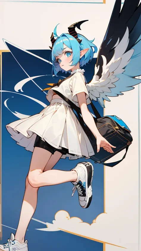 full-length girl, ram ears and horns, sweater, shorts, Converse sneakers, bag, pretty face, adopt, osAdopt, angel girl, elf ears, high-waisted shorts, ruffled blouse, big wings, short blue hair,