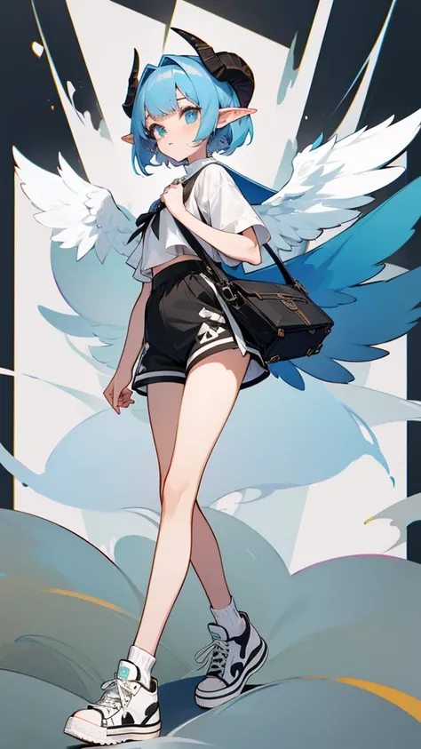 full-length girl, ram ears and horns, sweater, shorts, Converse sneakers, bag, pretty face, adopt, osAdopt, angel girl, elf ears, high-waisted shorts, ruffled blouse, big wings, short blue hair,