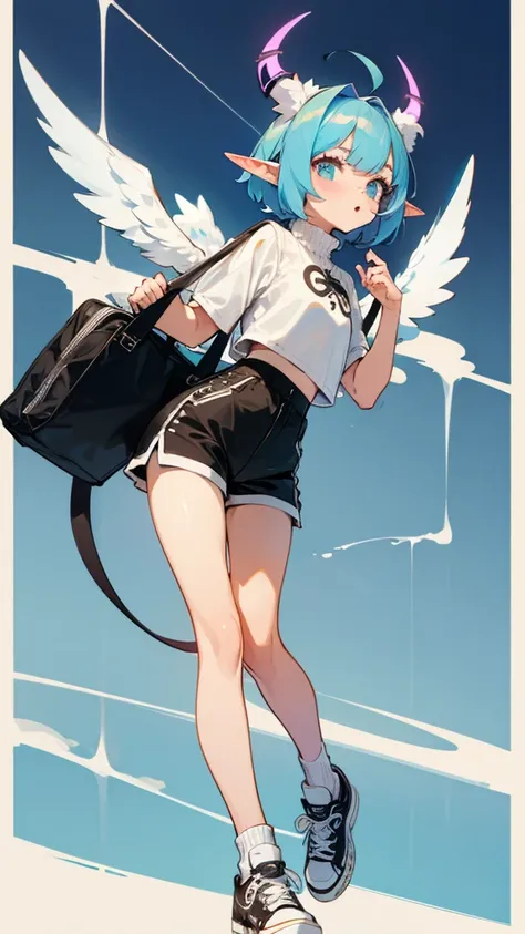 full-length girl, ram ears and horns, sweater, shorts, Converse sneakers, bag, pretty face, adopt, osAdopt, angel girl, elf ears, high-waisted shorts, ruffled blouse, big wings, short blue hair,