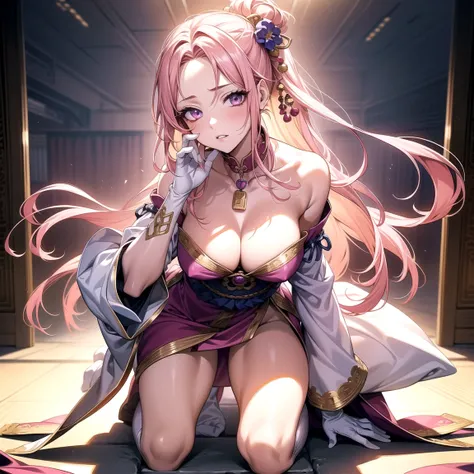 One Girl， （Urzan-6500：0.7）， K-POPアイドル， boa hancock de one piece， Do not sleeve， Exposed bare shoulders， Pink Hair， Long white hair， Japanese Clothing， The best quality in the best condition， （da pintura：1.5）， （hair ornaments：1.35）， gem， Purple eyes， 耳Nippl...