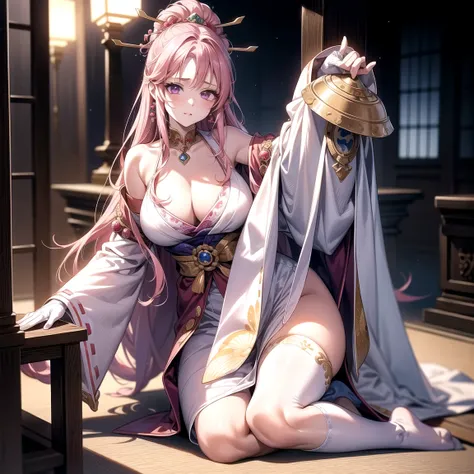 One Girl， （Urzan-6500：0.7）， K-POPアイドル， boa hancock de one piece， Do not sleeve， Exposed bare shoulders， Pink Hair， Long white hair， Japanese Clothing， The best quality in the best condition， （da pintura：1.5）， （hair ornaments：1.35）， gem， Purple eyes， 耳Nippl...