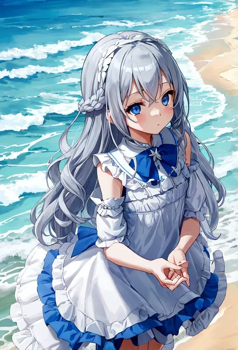 Gray Hair、Long Hair、Bright Blue Eyes、upon、Frilled swimsuit、Beach